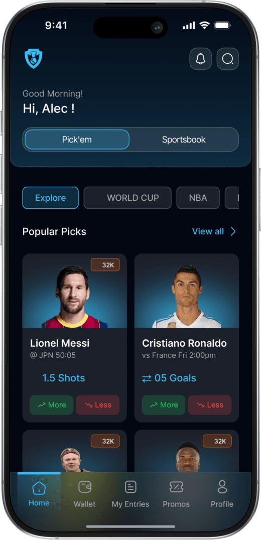 The Pick'em home screen, showing popular player projections with More and Less buttons for each.