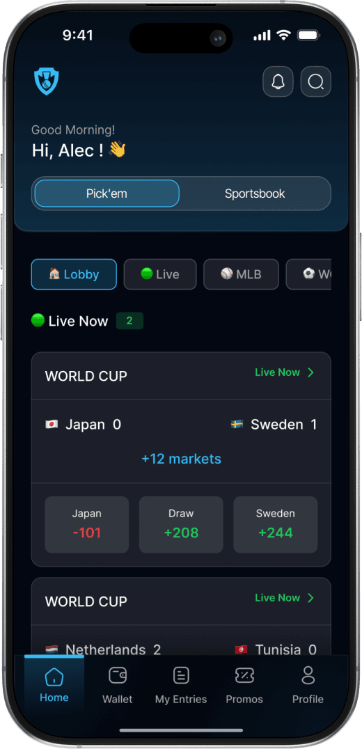 The Sportsbook home screen, showing live World Cup matches with moneyline odds for each outcome.